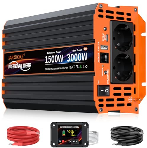 Omvandlare 24 V till 230 V, 1 500 W, ren sinus, strömomvandlare, med LCD-fjärrkontroll, USB-portar, typ C-port, 2 AC-uttag för sol, fordon, husbil, strömavbrott, resor