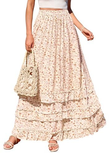 BTFBM Skirts for Women Summer Flowy A-Line Floral Boho Maxi Skirt Long Wedding Guest Dresses Spring Outfits 2026(Floral Apricot Pink,Large)