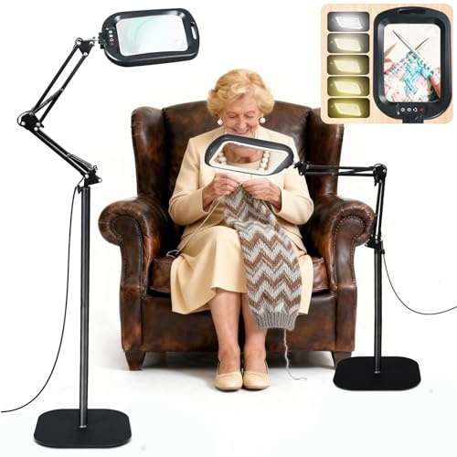 GABORISH 10 x 30 x golvförstoringsglas med ljus och stativ, 3-i-1 lupplampa med 60 lysdioder, rektangulär vikbar arm, lupplampa med klämma, 5 färglägen, dimbar, handsfri, läs-lupp med ljus för