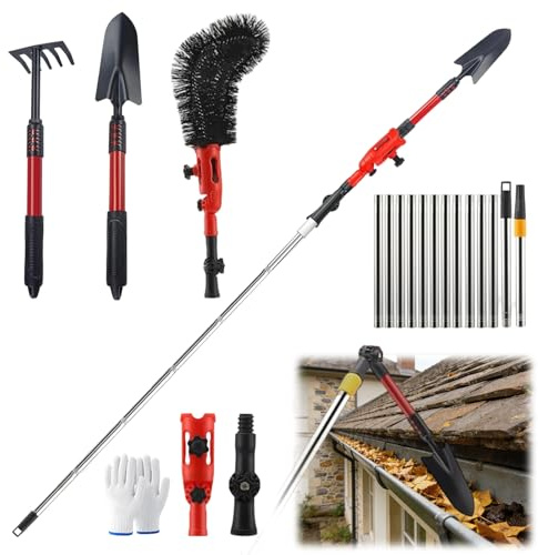 Pulitore per grondaie con manico telescopico, 4 m, kit di pulizia per grondaie 3 in 1, con testa girevole a 180°, pala e spazzola per grondaie, pulitore per polvere, grondaie
