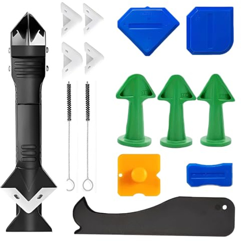 AEUXZA Kit d'Outils de Calfeutrage 16 pcs, Lisseur de Joint 3-en-1 en Acier Inoxydable avec Brosses de Nettoyage, Grattoir et Buses de Lissage (6.5R-13R) pour Salle de Bain.