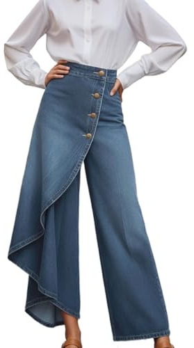 Générique Jupe Culotte en Jean Femme Taille Haute 7/8, Pantalon Palazzo Jambes Larges Ourlet Asymétrique avec Contrôle du Ventre, Denim Élastique