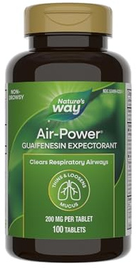 Nature’s Way Air-Power, Guaifenesin, Expectorant Mucus Relief, Clears Respiratory Airways, Thins & Loosens Mucus, Vegan, 100 Tablets (Packaging May Vary)