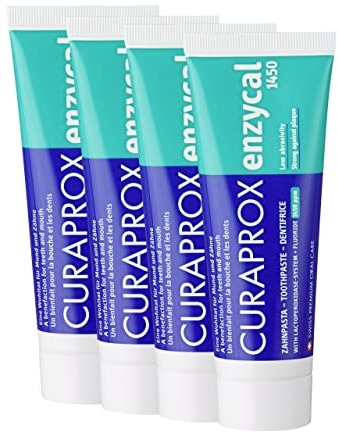Curaprox Zahnpasta Enzycal 1450, mit 1450 ppm Fluorid, ohne SLS, extra sanft zum Zahnfleisch, 75 ml, 4 Stück (4x 75ml)