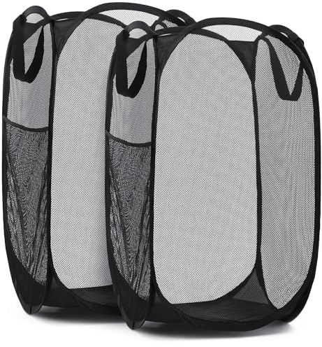 Handy Laundry Collapsible Mesh Pop Up Hamper with Wide Opening and Side Pocket - Breathable, Sturdy, Foldable, and Space-Saving Design for Clothes and Storage (Black | 2-Pack)