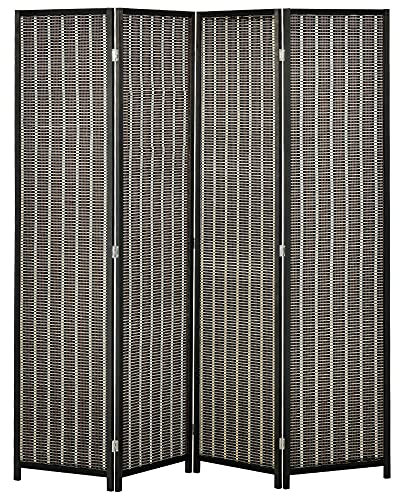 HOMCOM Paravento per Interni, Separé Pieghevole a 4 Pannelli, Divisorio per Ambienti in Legno e Bambù, 180x180x1.9cm, Nero e Marrone