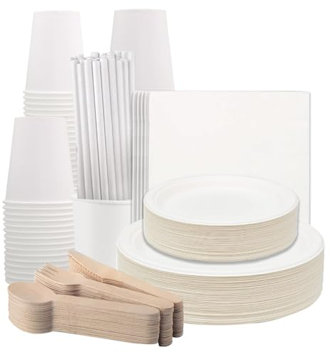 various Vajilla Desechable Ecológica 222 Piezas para 24 persona,Platos Desechables Elegantes Protección Vajillas Cubiertos Completas con Servilletas Vasos Pajitas para Cumpleaños Fiesta Camping