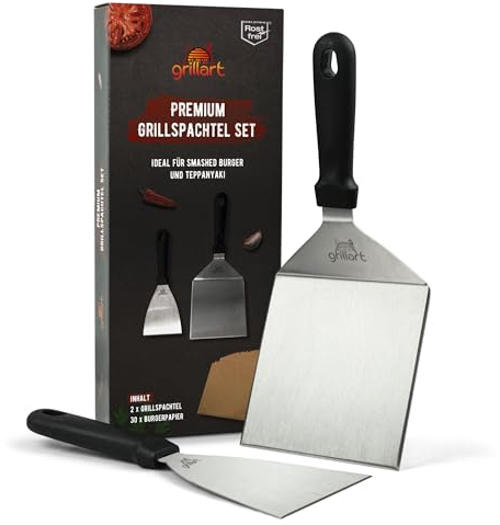 grillart® Juego premium de espátulas de acero inoxidable para hamburguesas aplastadas incl. 30 piezas de papel para hamburguesas - para plancha y teppanyaki - accesorios ideales para barbacoas