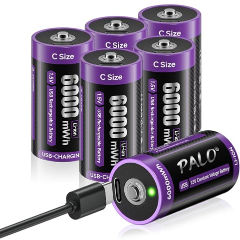 Mspalocell Baterías de Litio USB-C C 6000 mWh LR14 Batería de 1,5 V de Carga rápida Tipo C Batería con Cable de Carga, Baja autodescarga, con luz de Carga, más de 1500 ciclos, 6 baterías Baby C