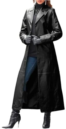 Suwequest - Abrigo de cuero con solapa para mujer, sin cinturón, largo, ajustado, con solapa de moda, chaqueta de color sólido, Negro, M