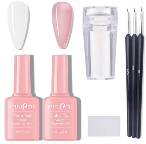 French gel nail art set, including 1 bottle of tip sealer powder, white and pink gel nail polish set, and 3 professional nail art colouring pens. (Nail Polish, One Size)