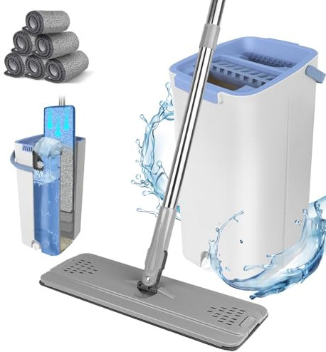 Wischmopp Set mit Eimer 125cm Verstellbarer Griff Wischmopp und Putzeimer Set mit 6 Mikrofaser Wischpads Bodenwischer Set Wischer mit Auswringfunktion für All Boden-Weiß