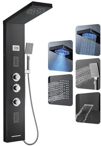 OUGOO Pannello doccia a LED, 6 funzioni, pannello doccia con rubinetto, indicatore di temperatura, doccia a pioggia, doccia a pioggia, 2 modalità, ugelli massaggianti, doccetta e beccuccio per vasca