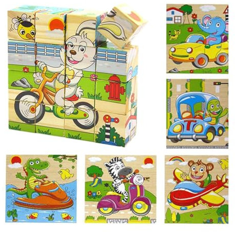 Würfelpuzzle Holz, Wooden Cube Puzzle, 3D Würfelpuzzle Puzzlespiele 6 in 1 Transport Tier-Motive mit 16 Würfel Holzspielzeug, Montessori Lernspielzeug Geschenk für Jungen und Mädchen, 12 x 12 x 3 cm