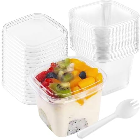 XIAQICA 50 Pcs Vasos de postre con tapa + 50 Pcs Cuchara 14oz/400ml Cuencos de Postre Transparentes Tazas Postre Reutilizable Juego Vasitos Aperitivos para Pudín Mousse Cuadradas Gran Capacidad