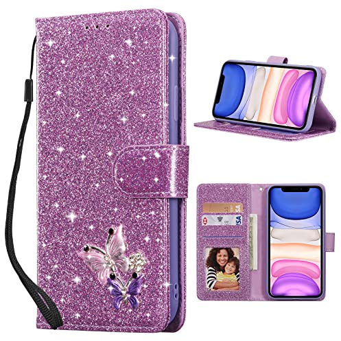 UEEBAI Fodral för iPhone 16e, PU läderfodral glitter 3D fjäril flip fodral stativfunktion med kortfack skyddande fodral stativfunktion plånbok med bärband mobiltelefonfodral för iPhone 16e, lila