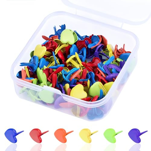 Pattern Bag Clips, Pattern Clips, Mini Brads, Round Wing Clip, Small Round Head Clips, Colourful Metal Wing Clips, 8 x 18 mm for School, Office, Paper, Letter Clips, Crafts (Colourful Heart, Pack of