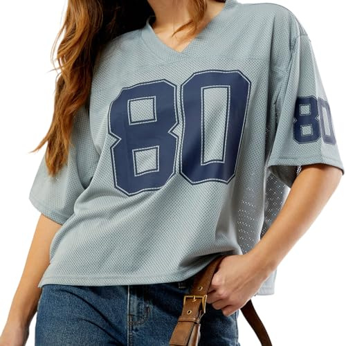 RUIWANBBY Women Y2k Oversized Jersey Shirt Short Sleeve Number Print V Neck T-Shirt Summer Casual Loose Sport Tops Streetwear (B-Gray, XL)