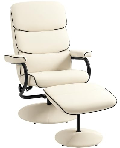 HOMCOM Sillón relax con puf, sillón de TV con respaldo reclinable, asiento giratorio 360°, asiento acolchado cómodo, hasta 130 kg, para salón, dormitorio, crema