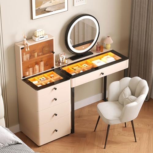 GRDSGRD Modern Dressing Table with Mirror and Lights, Vanity Table with Drawers and Stool, Tempered Glass Display Top, Pre-Assembled Makeup Table with Reversible Cabinet for Small Bedroom