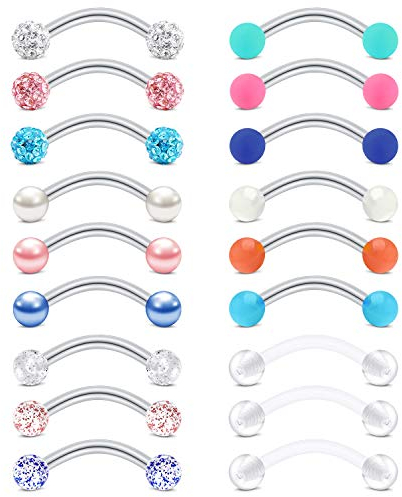 Rajnard Piercing Rook Sourcil Piercing 16G Acier Chirurgical Banane Barbell 10mm Boule de Cristal Perle Piercing bijoux pour femmes hommes filles 18 pièces