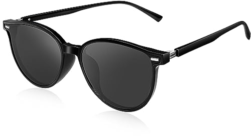 KANASTAL Groß Polarisiert Sonnenbrille Damen Retro Vintage Stil TR90 Sonnenbrillen für Damen mit UV400 Schutz, Glänzend Schwarz Rahmen und Schwarz Gläser