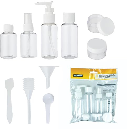 Status 10-Piece Clear Travel Bottle Set, Assorted 80ml 50ml 10ml Leakproof Refillable Containers for Cabin-Bag Liquids, Airport Compliant Toiletry Kit (STBS10PCX8)