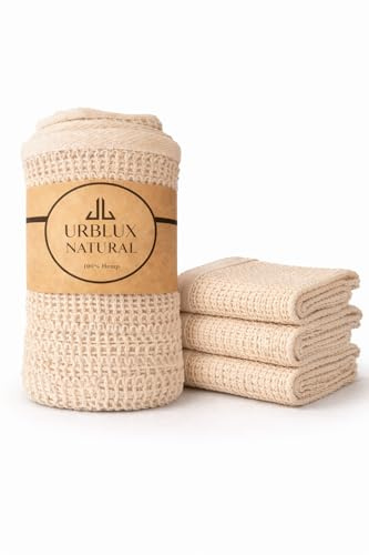 URBLUX Natural Hemp Exfoliating Washcloth (3 Pack), Dual-Sided Body Scrub Cloth, Plant-Based Cloth for Face & Body, Bath Sponge Alternative, Fast Drying, 12x12 Inch