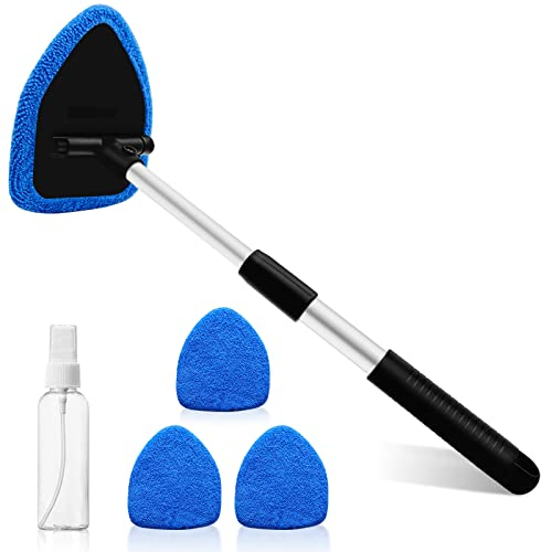 JNBGTU Car Window Cleaner Kit, Multifunctional Expandable Windscreen Cleaner with 180° Swivel Head, 3 Microfiber Pads, Spray Bottle, Ideal for All Vehicles