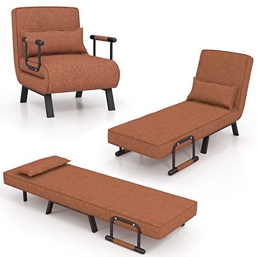 GOPLUS Sofá Cama Convertible, Sillón Reclinable 4 en 1 con Respaldo Ajustable en 6 Posiciones, Almohada Desmontable y Marco Metálico, Sofá Cama Plegable Individual Tapizada Carga 150kg (Café)