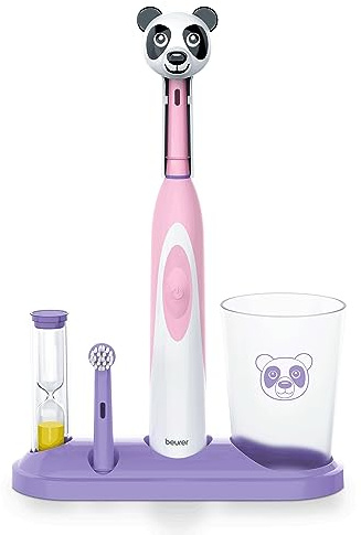 Beurer TB10 Kids Electric Toothbrush Kit - Fun Polly The Panda Cap with 2 Extra-Soft Brush Heads to Help Remove Plaque, 2 Minute Timer, and Rinse Cup, BPA-Free, Safe for Ages 3+