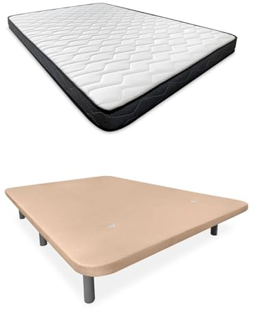 Somnia Descanso - Cama Completa con Colchón Versalles Reversible + Base Tapizada 3D Reforzada Color Beige con 6 Patas Metálicas Roscadas, 105 x 190