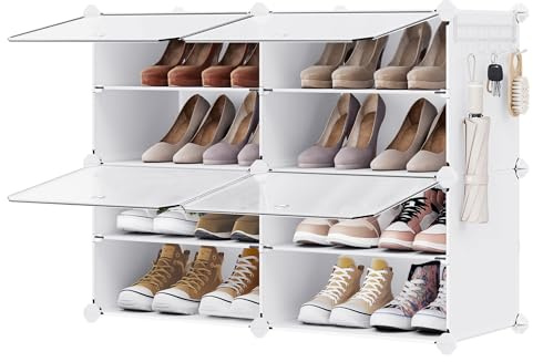 SONGMICS Mueble Zapatero Plástico, 4 Compartimentos para 16 Pares de Zapatos, con Puertas, Estructura de Acero y Estantes de Plástico, Armario para Dormitorio, Blanco Nube y Transparente LPC032W01