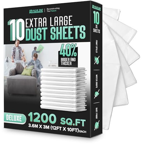 RAULDE Pack of 10 Large Plastic Dust Sheets for Decorating & Painting- 3.6m x 3m (12ft x 10ft) - Polythene Sheeting for Furniture & Floor Protection - Waterproof & Tear Resistant Drop Cloth