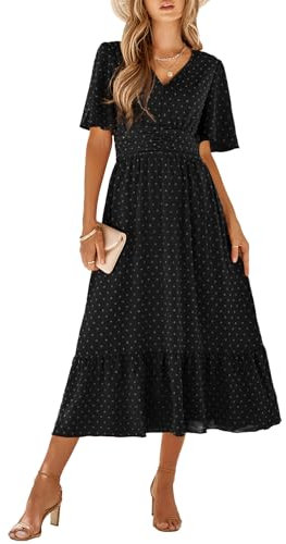 IFFEI Women Summer Maxi Dresses V Neck Chiffon Ruffle Sleeve Swiss Dots A-Line Dress Stretchy High Waist Flowy Wedding Guest Dress Ladies Dresses Black
