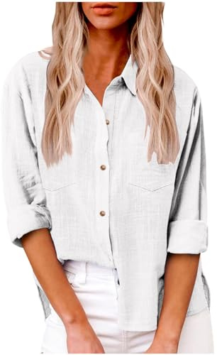 Donne Cotone Lino Camicie Casual, Elegante Curvy Camicia in Lino Camicia con Maniche Lunga e Colletto a Revers in Tinta Unita Leggera e Comoda per L'Estate Camicetta da Donna alla Moda da Spiaggia