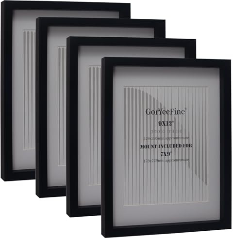 4-Pack Black 9x12 Wooden Photo Frames | 7x9 Mat Included | Modern Thin Oxford Design | Tabletop & Wall Mount | Gallery-Ready Boxed Set for Home Decor