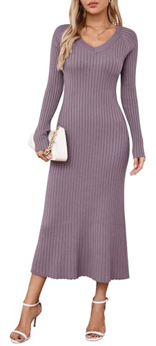 Arach & Cloz Abito Lavorato a Maglia da Donna con Scollo a V - Maglione Aderente a Maniche Lunghe per Autunno Inverno - Elegante