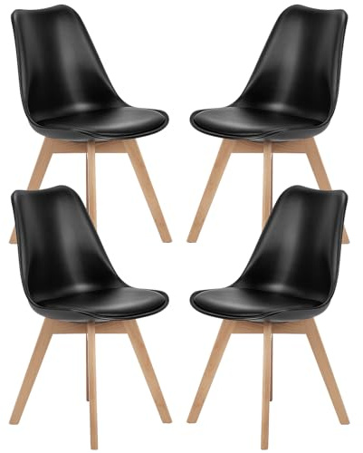 Sweetrcrispy Esszimmerstühle 4er Set Küchenstuhl Mid Century Moderne Stühle PU Leder Polsterstühle mit Holzbeinen Küchen- & Esszimmerstühle, Schwarz