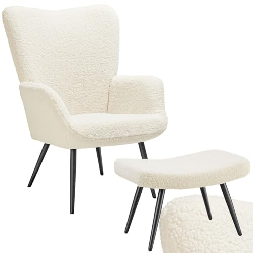 tectake® Sillón Orejero Estilo Escandinavo, Butaca de Salón con Taburete, Tapizado en Tejido Bouclé, Sillón Lectura con Respaldo Ergonómico, Mueble de Salón, Topes en Patas, hasta 150kg - Crema/Negro