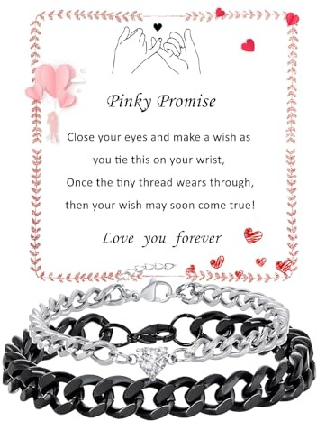 Fehki Matching Couple Cuban Chain Bracelets Gifts for Boyfriend Husband Soulmate Girlfriend Valentine's Day Anniversary Birthday Gift,Adjustable Size (Pinky Promise, Black+Silver)