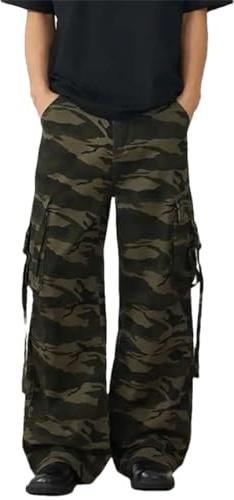 Fnfmrfmr Pantaloni cargo da uomo mimetici con tasche grandi in nastro dritto casual a gamba larga, Camo1., M