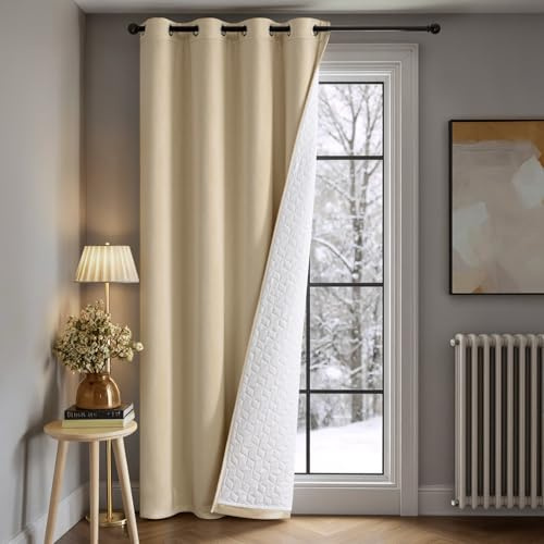 MIULEE Velvet Thermal Door Curtain Beige Double Layer Quilted Blackout | Insulated Draft Blocker Heavy Duty Winter Thermal Lined Curtain for Front Door, Doorway, Living Room Indoor Privacy Divider