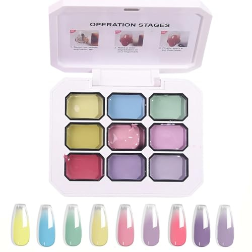 Gradient Painting Gel, 9 Bright Colors Ombre Gel Nail Polish, Spring Summer Pink Green Blue for Pigment Pat Nails Aura Nails, French Manicure DIY Nail Art, Long Lasting No Wipe UV Palette