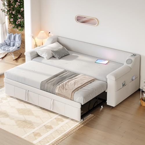 YEHTOKHOME Canapé-lit Extensible 90/180x190cm avec système Audio stéréo Bluetooth et Port USB,Multifonctionnel lit rembourré avec Compartiment de Rangement(sans Matelas) (Beige)