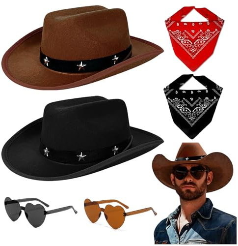 TOGETDREAM Lot de 6 chapeaux de cowboy et écharpe de cowboy avec 2 lunettes de soleil en forme de cœur – Accessoires de costume pour homme, femme, adulte, shérif occidental, campagne, rancher