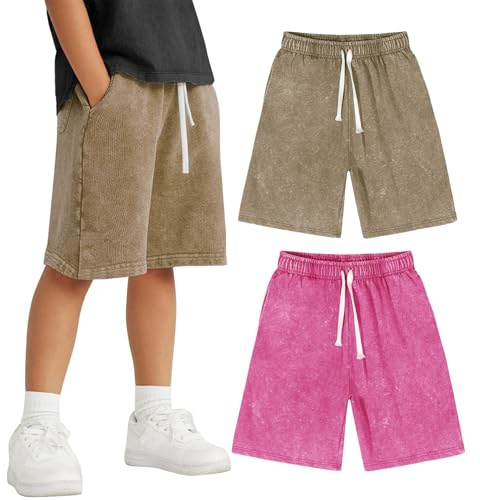 Yimoon Boys Shorts Cotton Athletic Shorts Acid Wash Kids Summer Active Shorts with Pockets(KhakiPink-11Y)