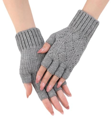 Secuinu Fingerless Gloves For Womens - Winter Thermal Gloves Warm Soft Knit Half Fingers Mittens for Driving Working Typing (Grey)