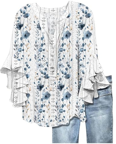 Ladies t Shirts Womens Tops Casual Ruffle 3/4 Sleeve Shirts V Neck Button Up Baggy Top Plus Size Floral Printed Tee Eyelet Hollow Spring Summer Beach Blouses Multicolor M