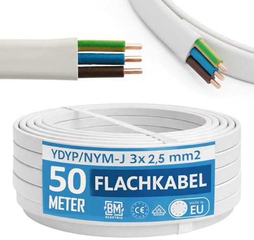 NYM Cavo 3 x 2,5 mm² YDYp - Cavo di alimentazione a 3 poli 2,5 mm², cavo piatto 50 m, 11 × 6 mm, passaggio finestra, cavo per ambienti umidi, conduttore in rame massiccio, 300/500 V